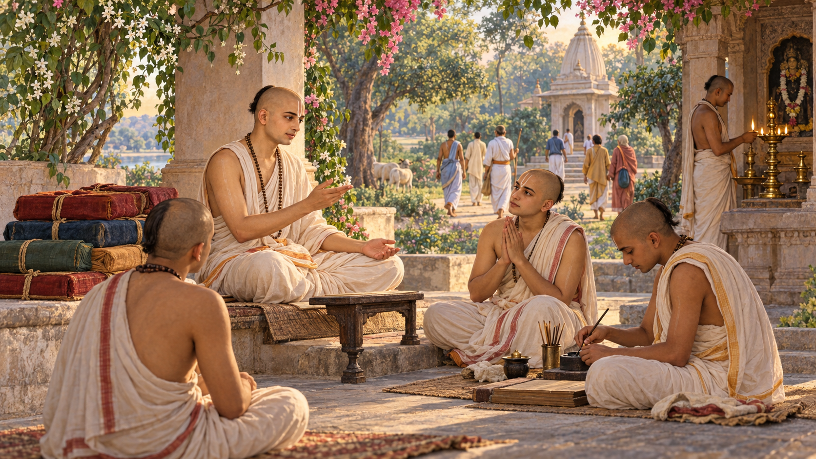 Sri Jiva Goswami teaching Vaishnava students in a shaded courtyard while devotional activity continues near a small shrine.