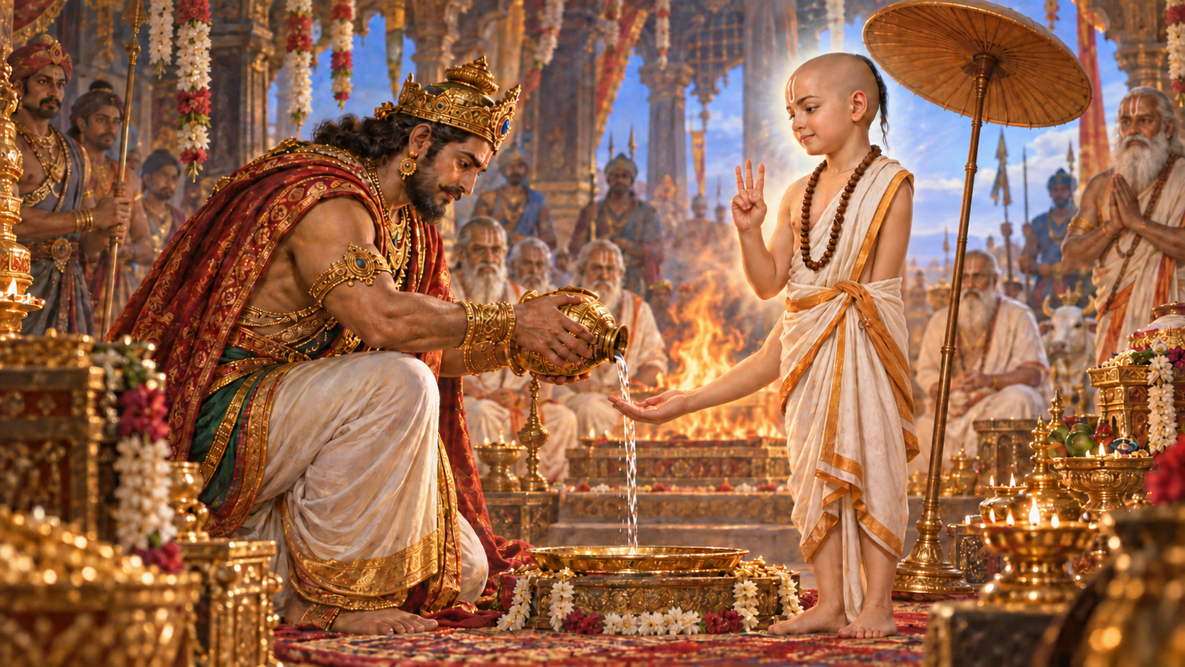 King Bali pours water into Lord Vamana's palm to confirm his promise of land measured by three paces as priests and courtiers watch.