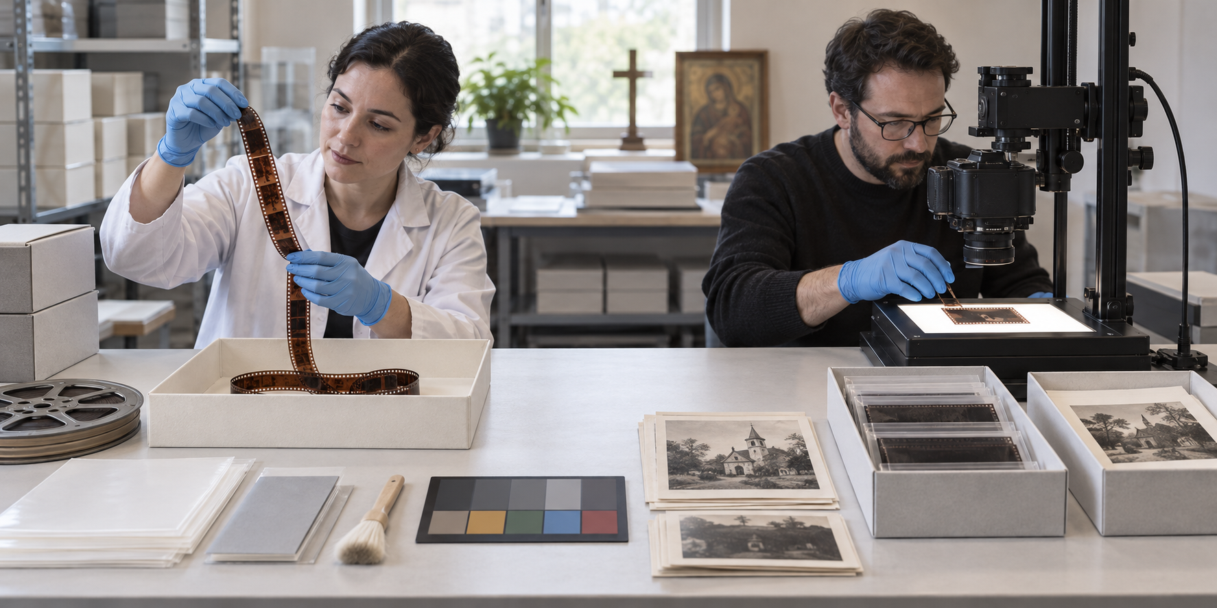 Two gloved archivists preserve old motion-picture film and digitize a photographic negative at a conservation workstation.