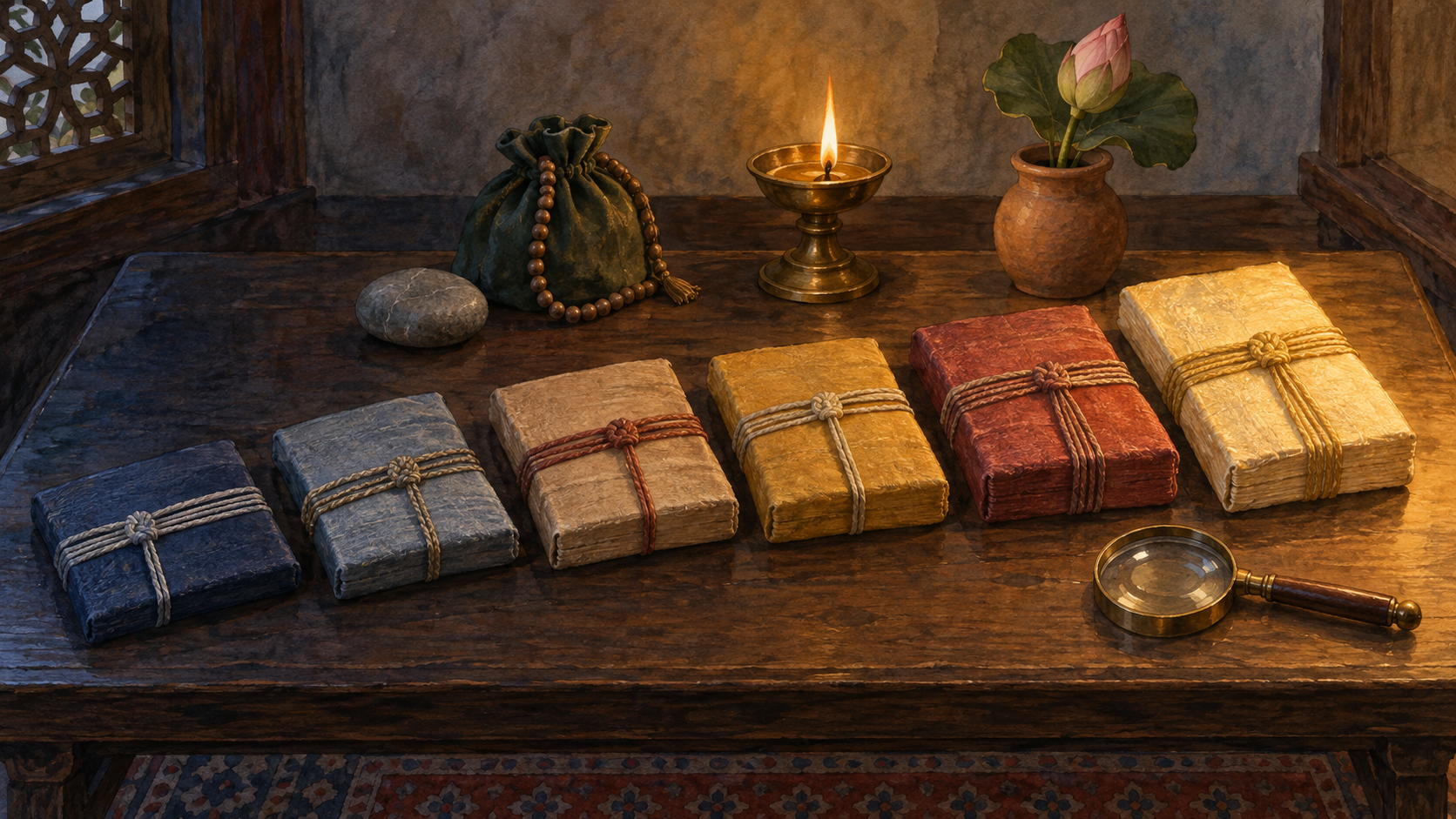 Six differently wrapped manuscript bundles arranged in sequence on a wooden desk beside an oil lamp, prayer beads, and a lotus bud.