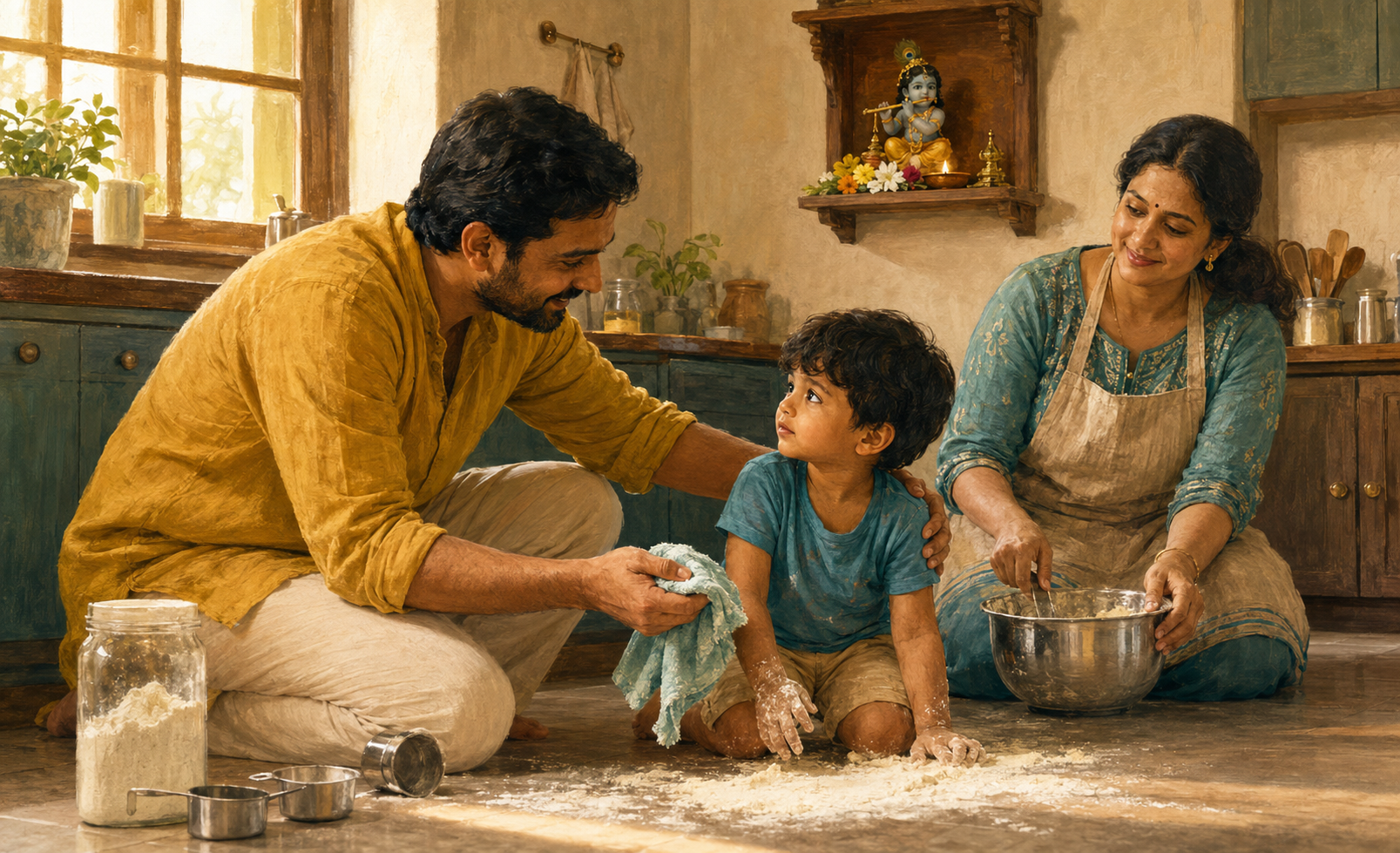 A parent offers a cloth to a young child beside spilled flour in a kitchen, with another caregiver and a small Krishna shrine in the background.