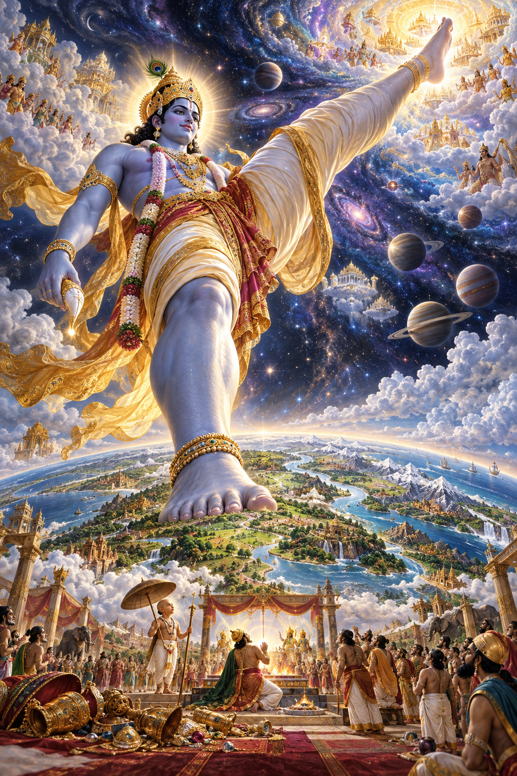 The immense cosmic form of Trivikrama spans the earth and celestial realms while King Bali and his court look upward from the sacrificial ground below.