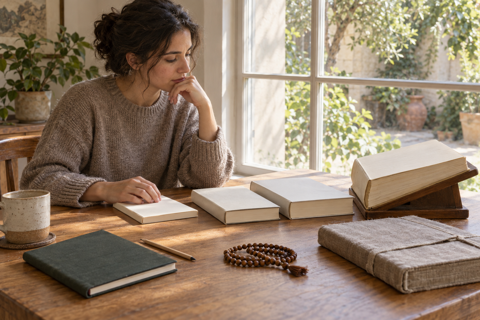 A reader at a sunlit table with a gradual stack of blank-covered books, a wrapped manuscript facsimile, a pencil, and wooden prayer beads.
