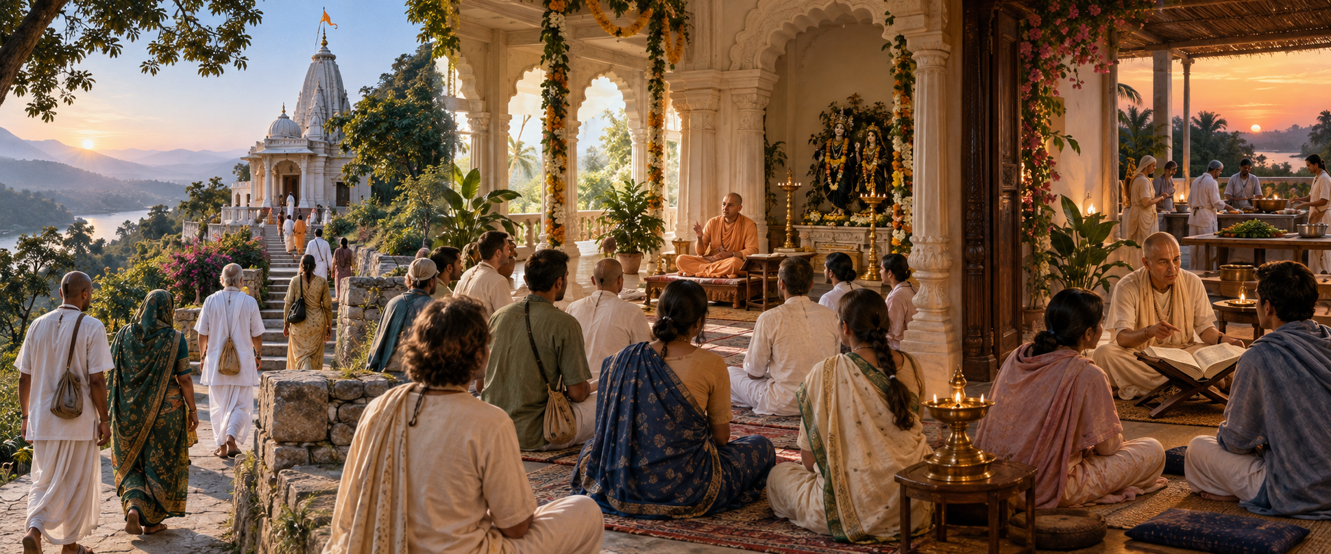 Devotees approach a hilltop temple, attend a class led by a monk, and join a smaller evening scripture study circle.