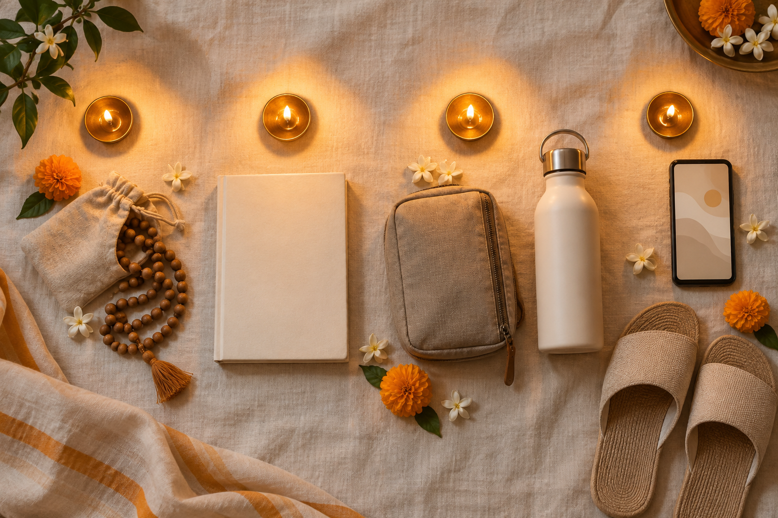 Prayer beads, a blank-covered scripture book, travel essentials, flowers, lamps, and a phone are arranged on linen for devotional program planning.