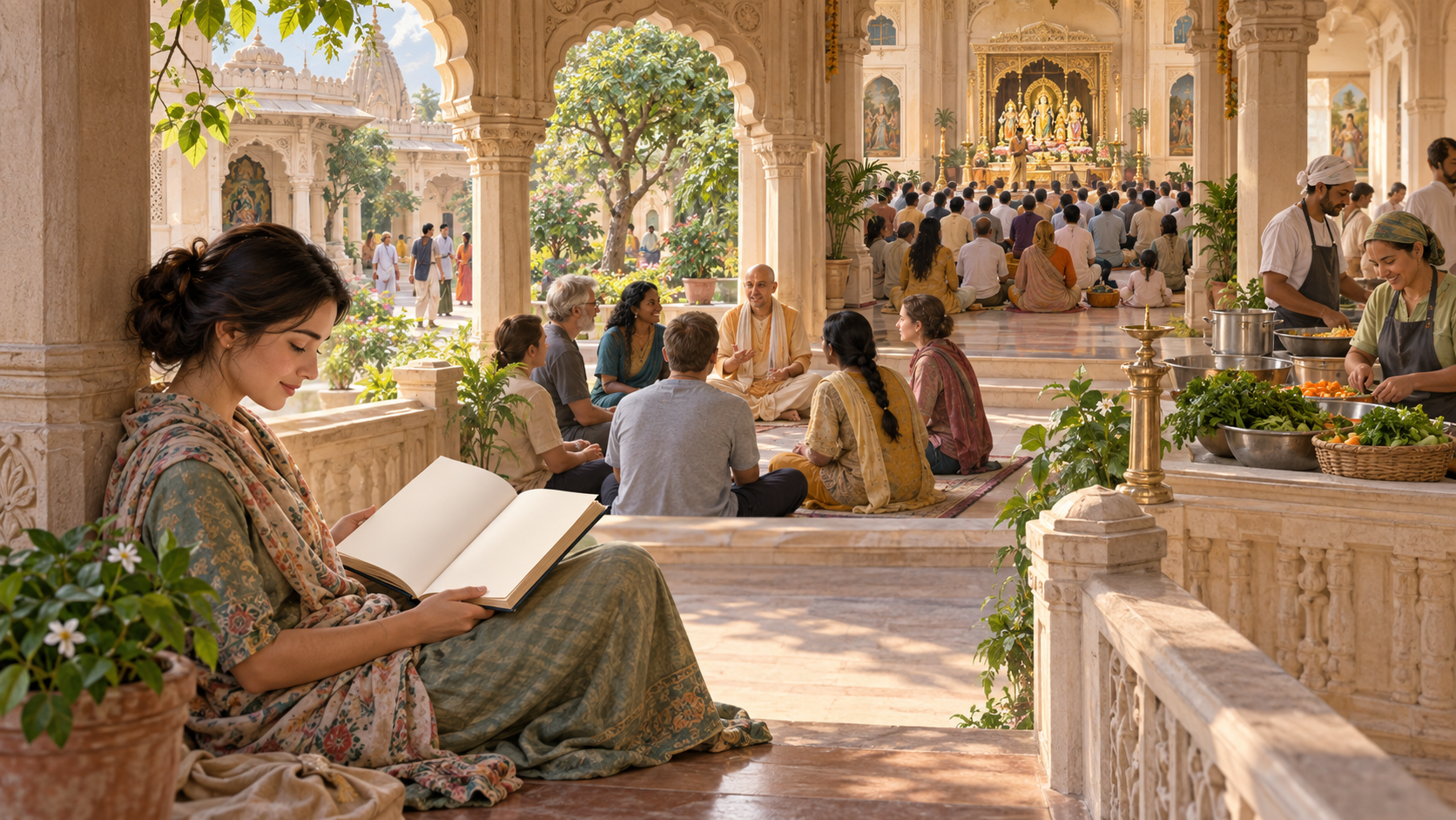 One devotee reads quietly while a small discussion group and a larger temple class meet nearby.