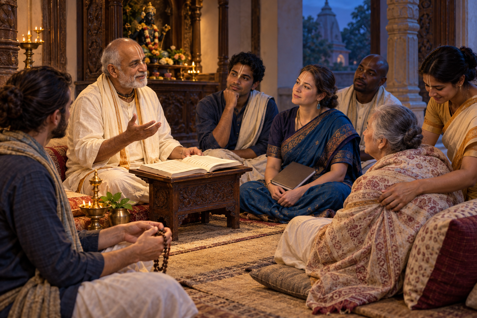 An elder teacher discusses an open scripture with a seated group as participants listen, hold prayer beads, and assist one another.