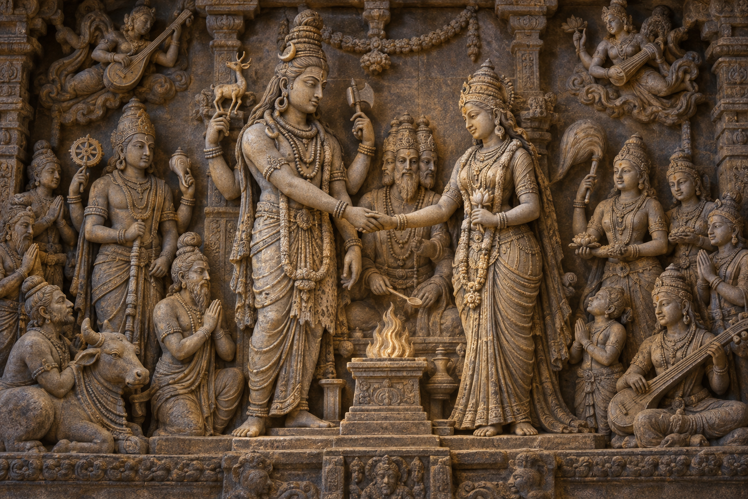 Stone relief-style image of Shiva and Parvati joining right hands at their wedding, surrounded by Brahma, Vishnu, attendants, sages, and celestial musicians.