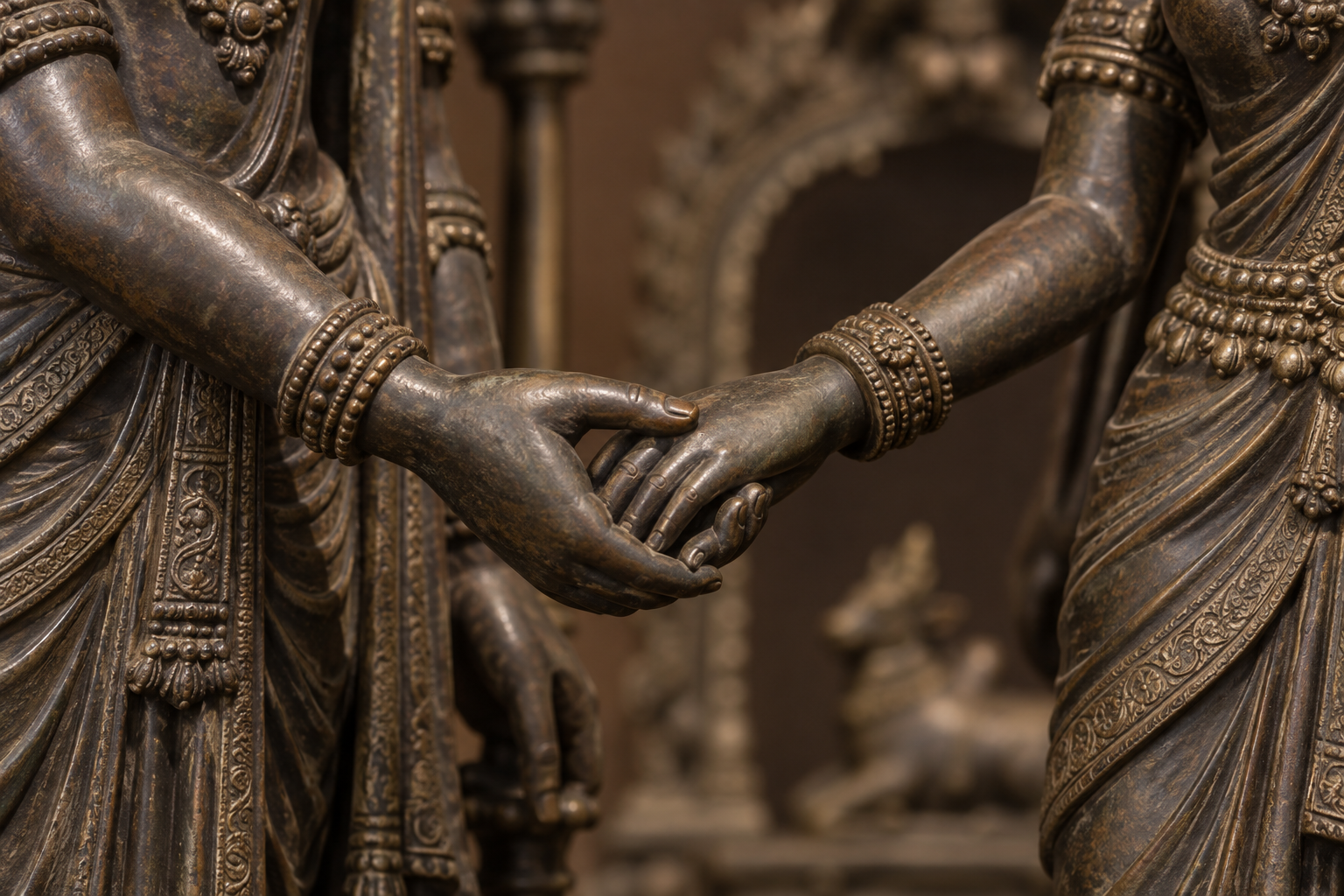Close view of Shiva's and Parvati's right hands joined in the ritual wedding handclasp, with carved bracelets and garment details visible.