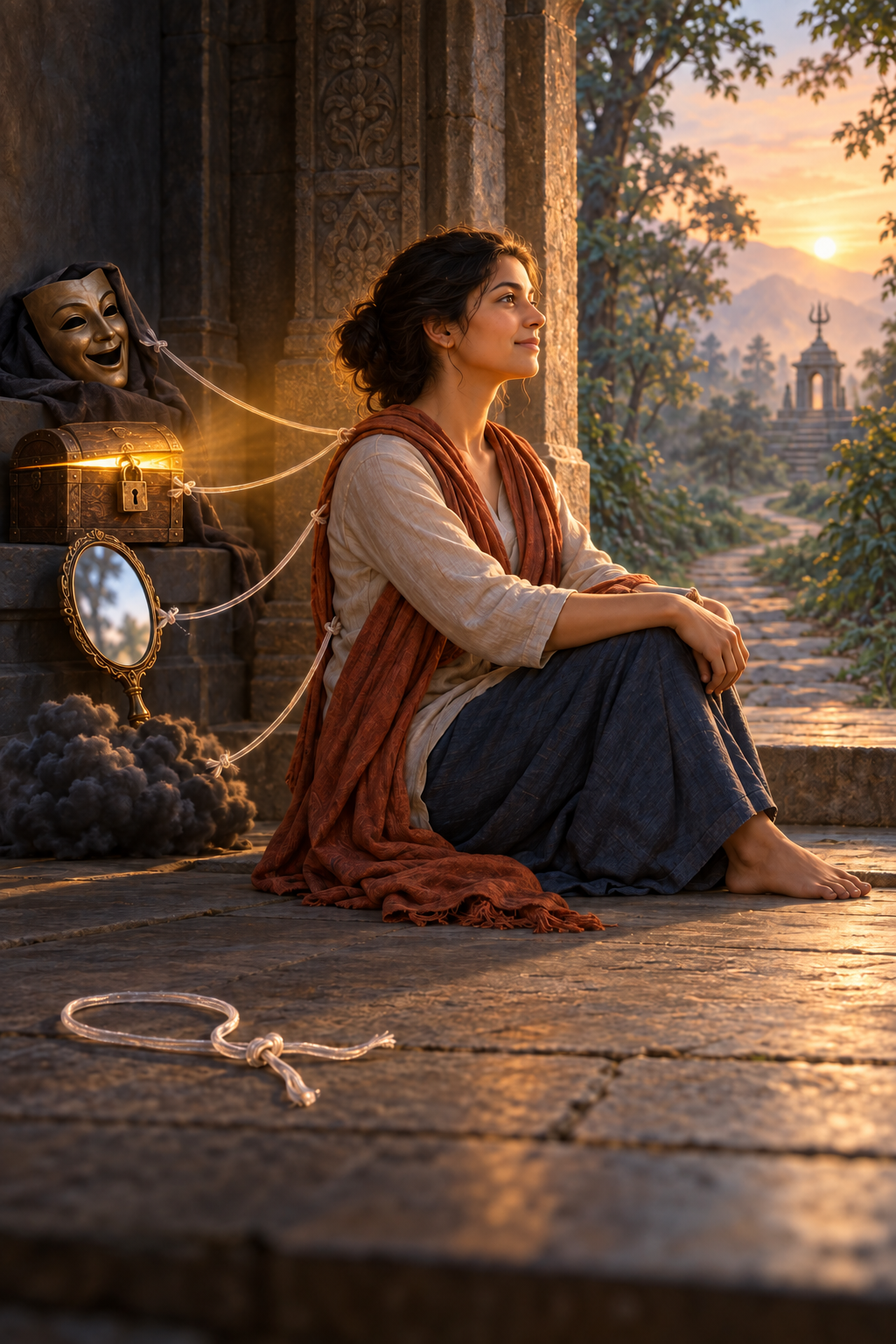 A seated person at a sanctuary threshold is loosely connected by translucent cords to a mask, chest, mirror, and dark cloud, while one untied cord rests before a sunlit path and distant trident-shaped shrine.