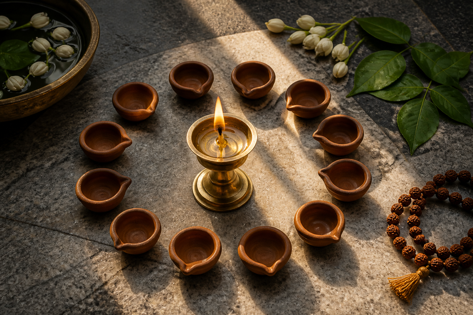 Twelve clay lamps encircle a glowing brass lamp beside water, jasmine, bilva leaves, and rudraksha beads on a stone floor.