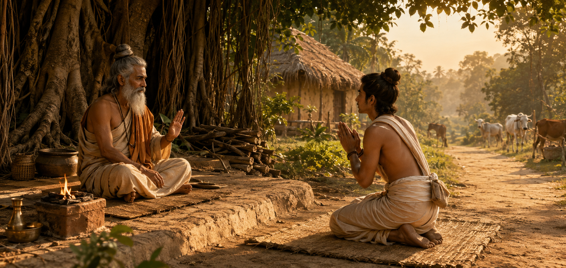 Utanka kneels with joined palms before his seated guru at a forest hermitage while a sunlit departure path lies beyond them.