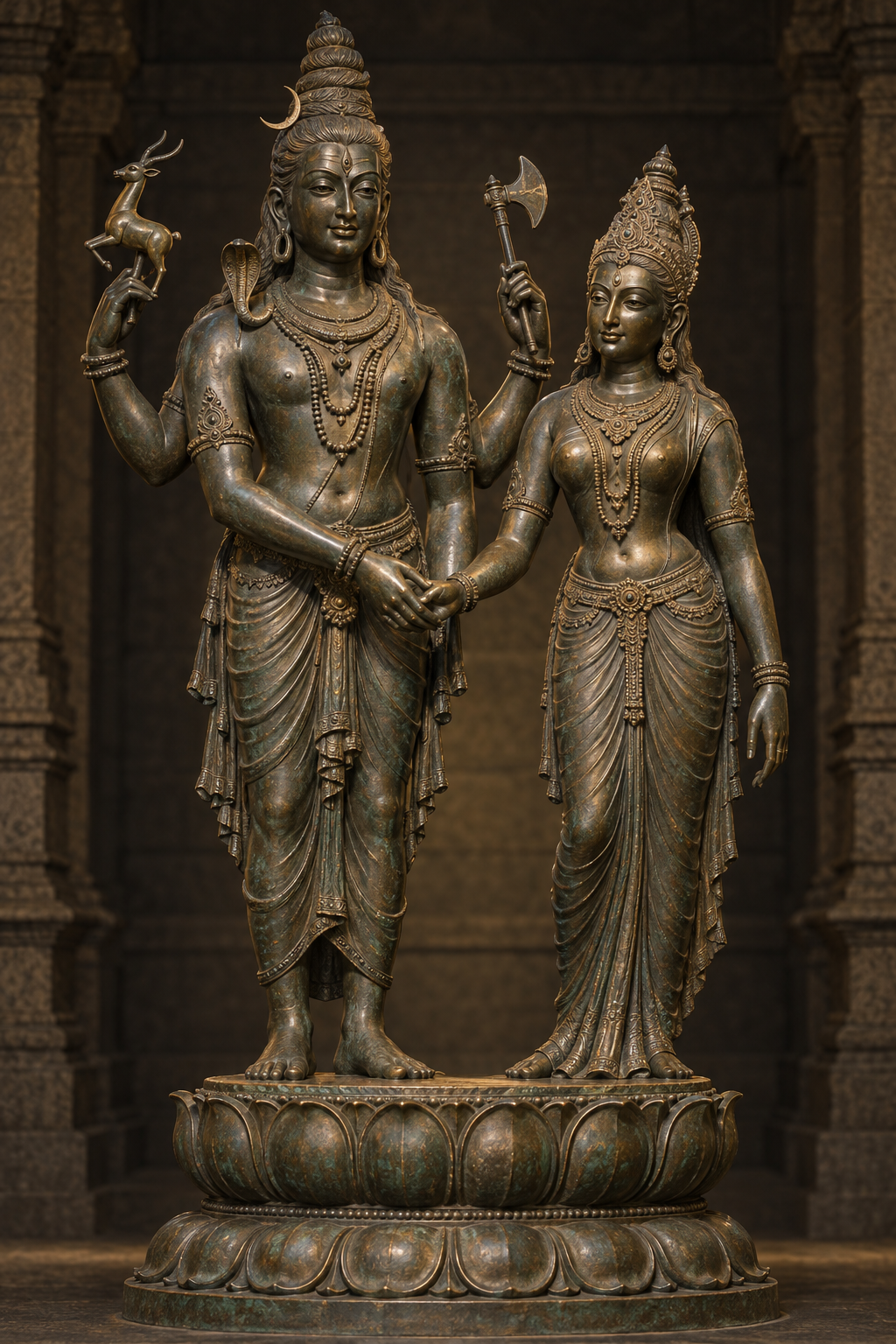 Full-length bronze-style figures of four-armed Shiva and two-armed Parvati standing together and joining right hands on a lotus pedestal.