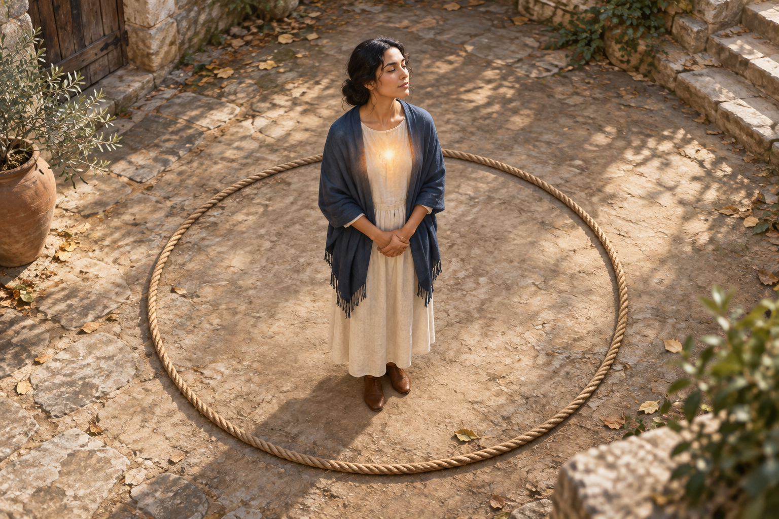 A person with a soft glow at the chest stands unharmed inside a loose circle of rope in a quiet earthen courtyard.