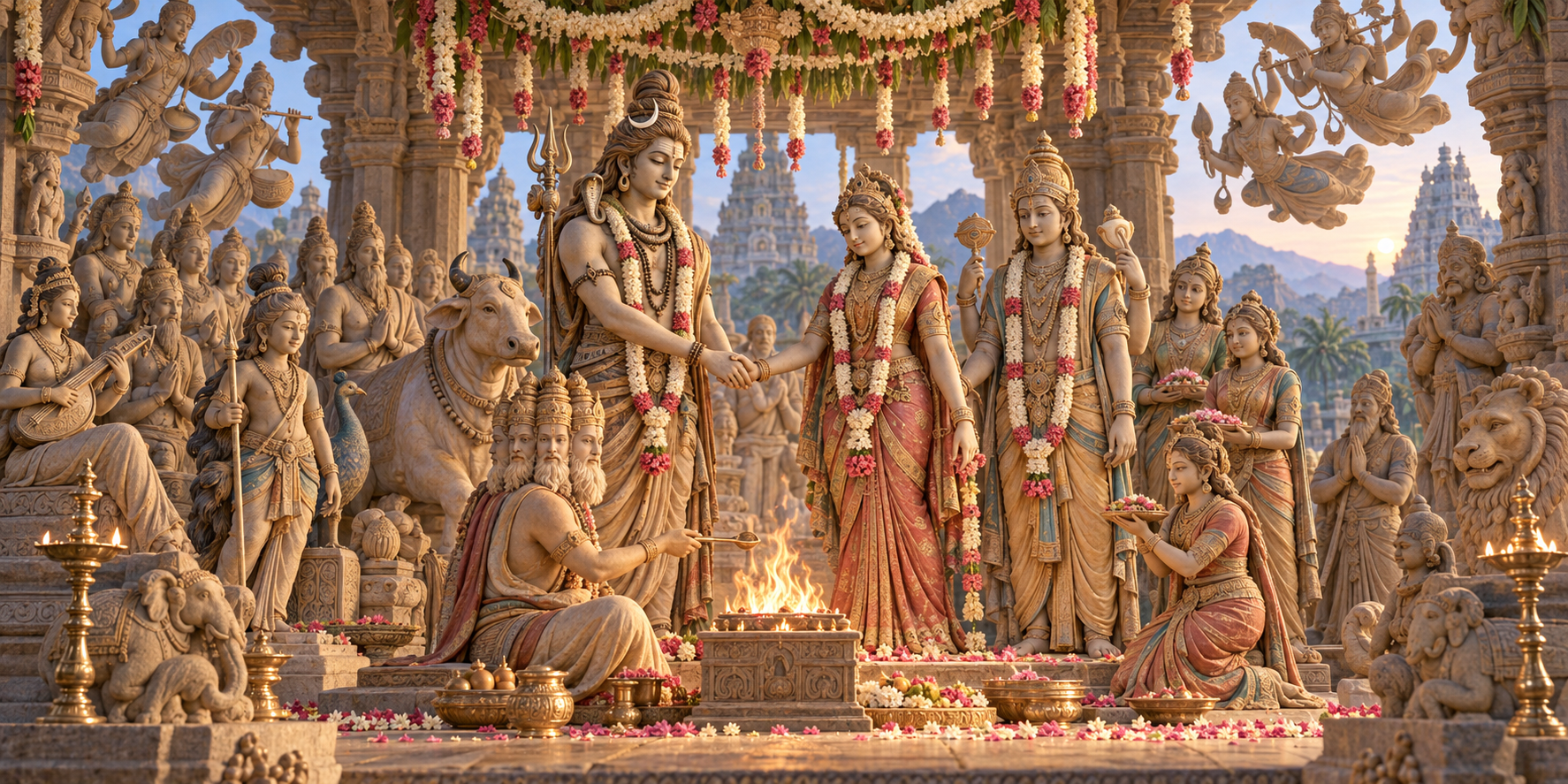 Shiva and Parvati join hands at the center of a temple wedding assembly with Brahma at the ritual fire, Vishnu nearby, and divine witnesses around them.