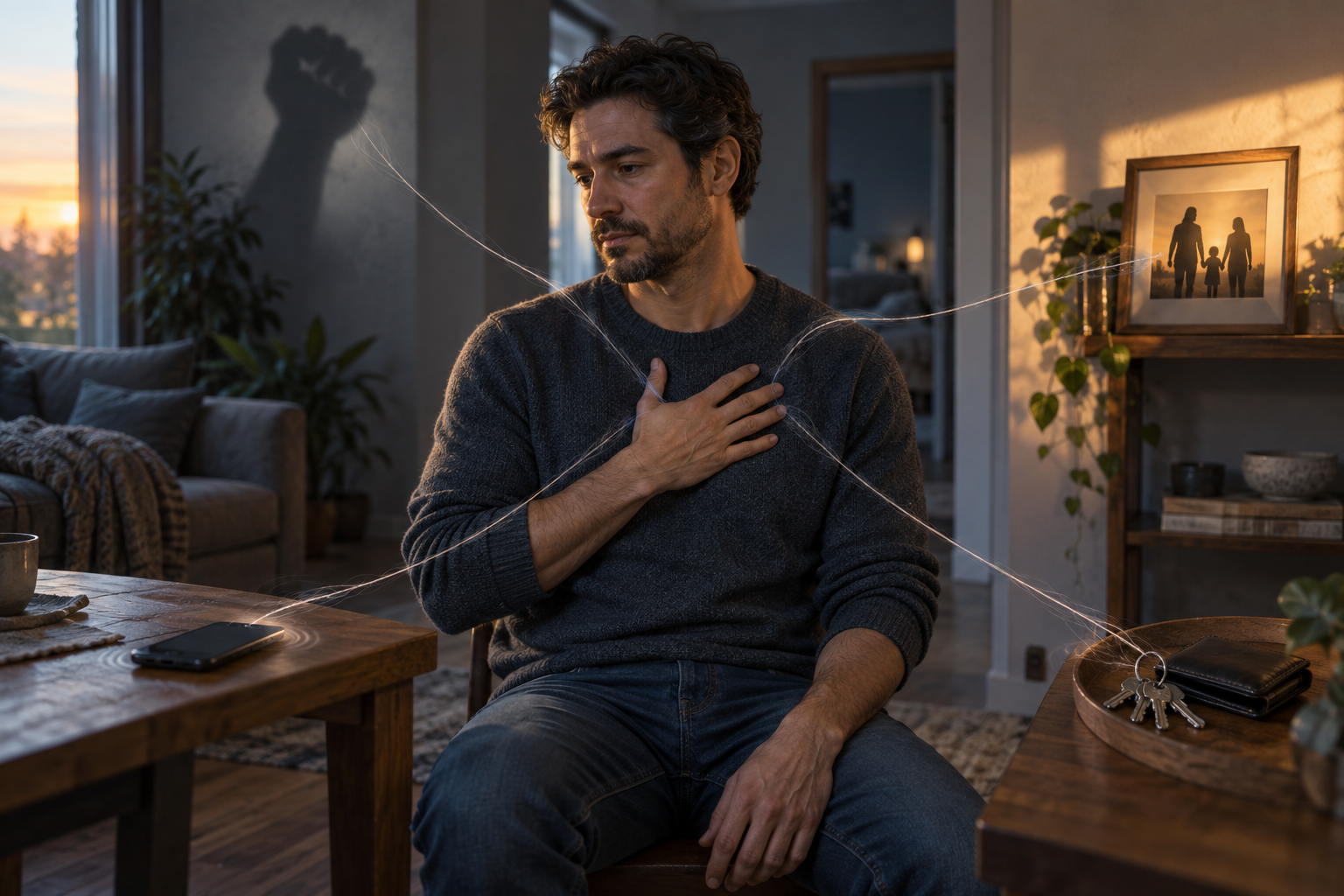 A person pauses in a softly lit home while translucent threads connect them to a phone, keys, wallet, family frame, and a tense shadow on the wall.