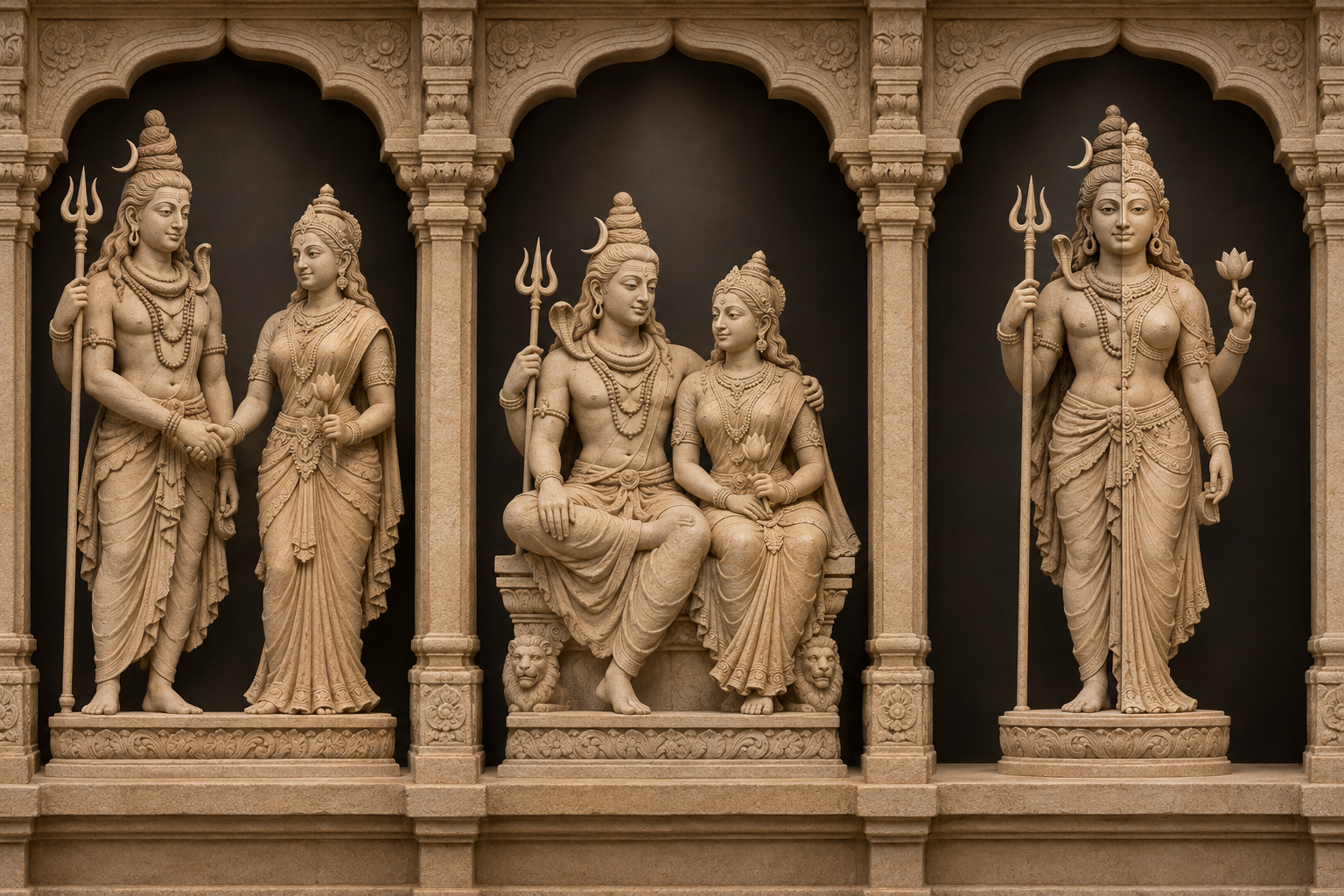 Three temple niches compare standing Shiva and Parvati joining hands, Shiva and Parvati seated together, and a single Ardhanarishvara figure divided into two halves.