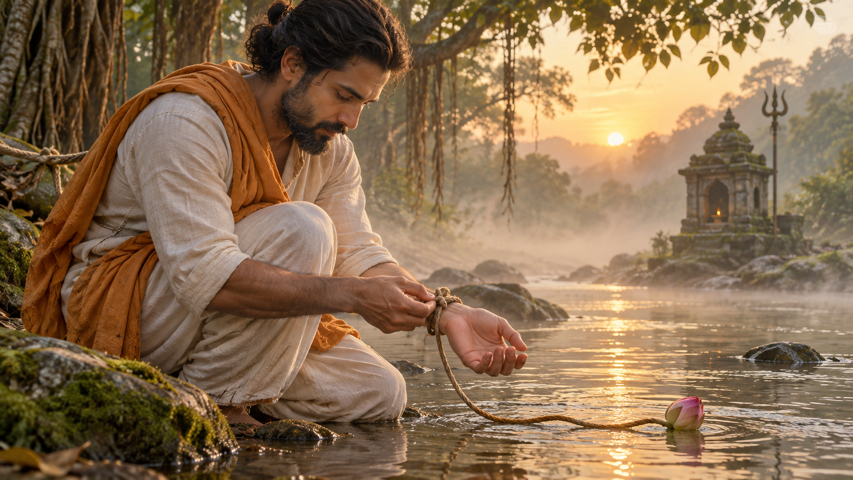 A kneeling practitioner loosens one knot from a cord around their wrist beside a dawn river, with a small stone shrine and trident form visible through the mist.