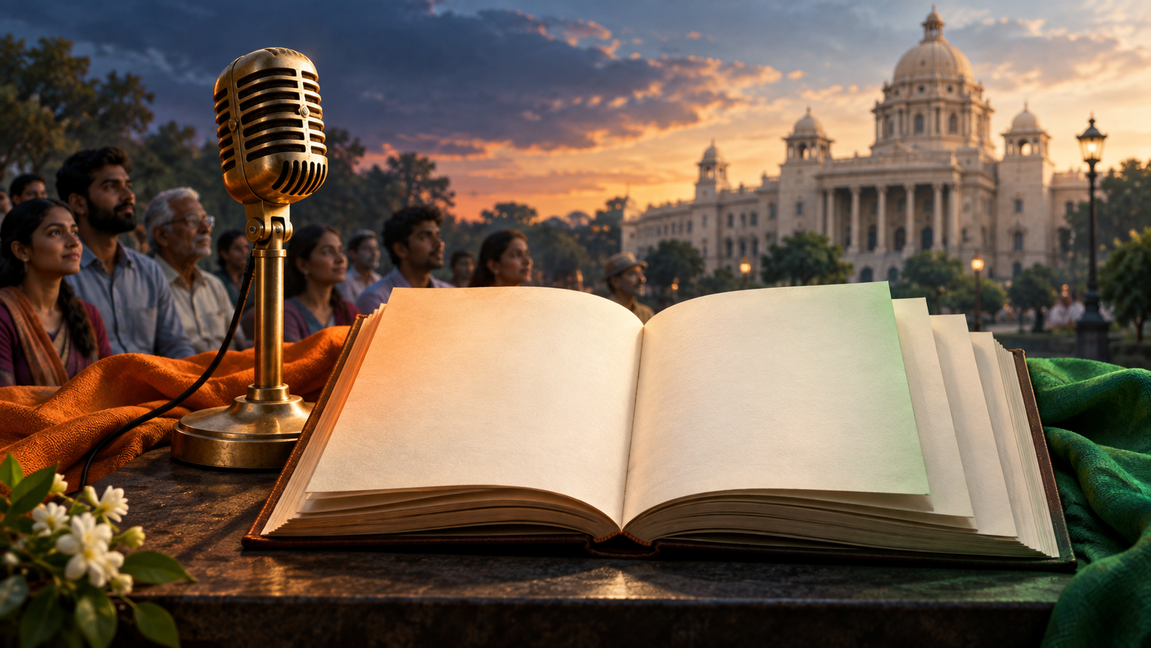 A microphone and an open blank songbook with two illuminated page spreads and additional pages, set before a Karnataka-style civic building and a group of citizens.
