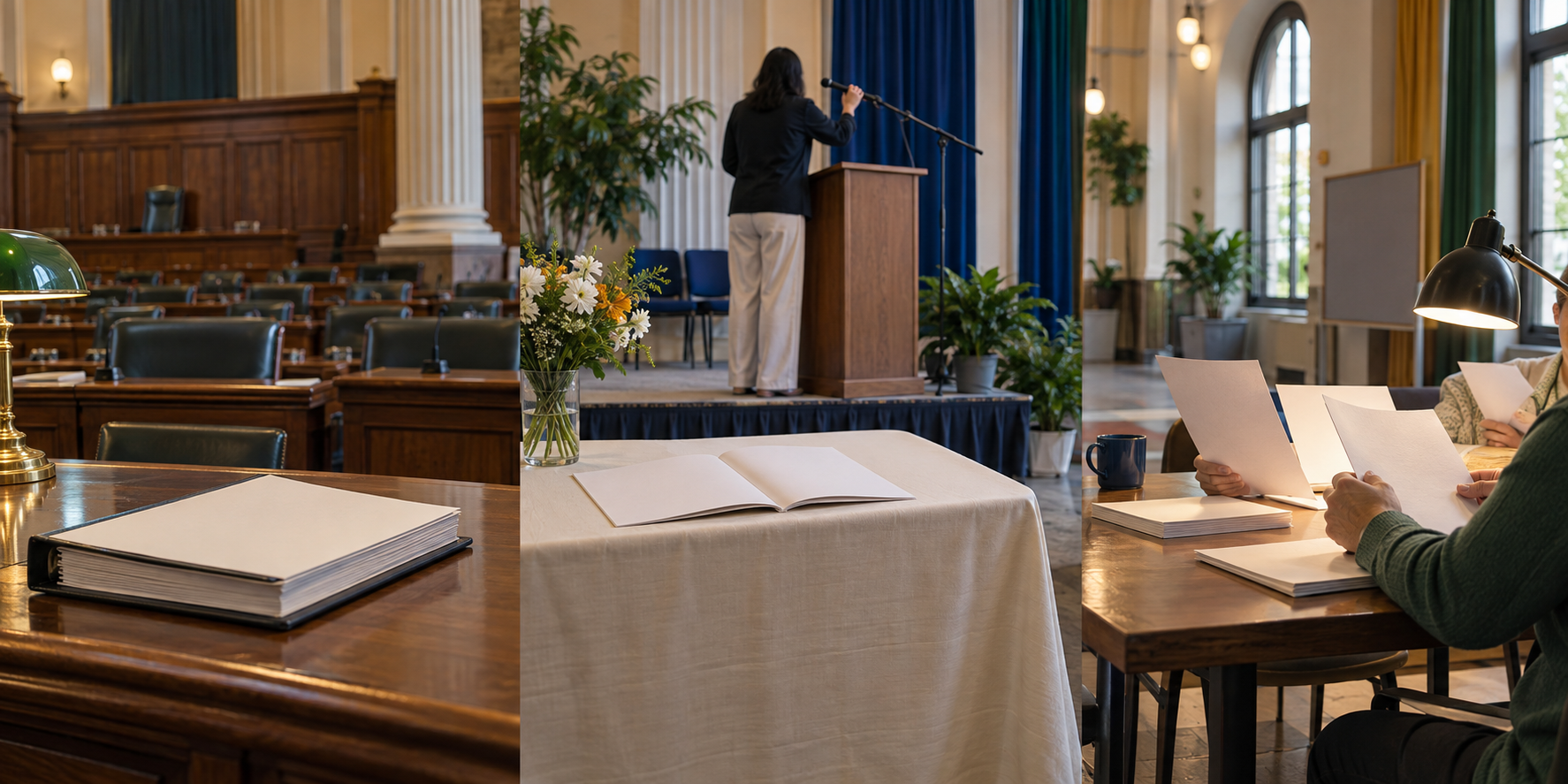 Three connected scenes show a legislative chamber, an event organizer at a microphone, and citizens reviewing blank documents.