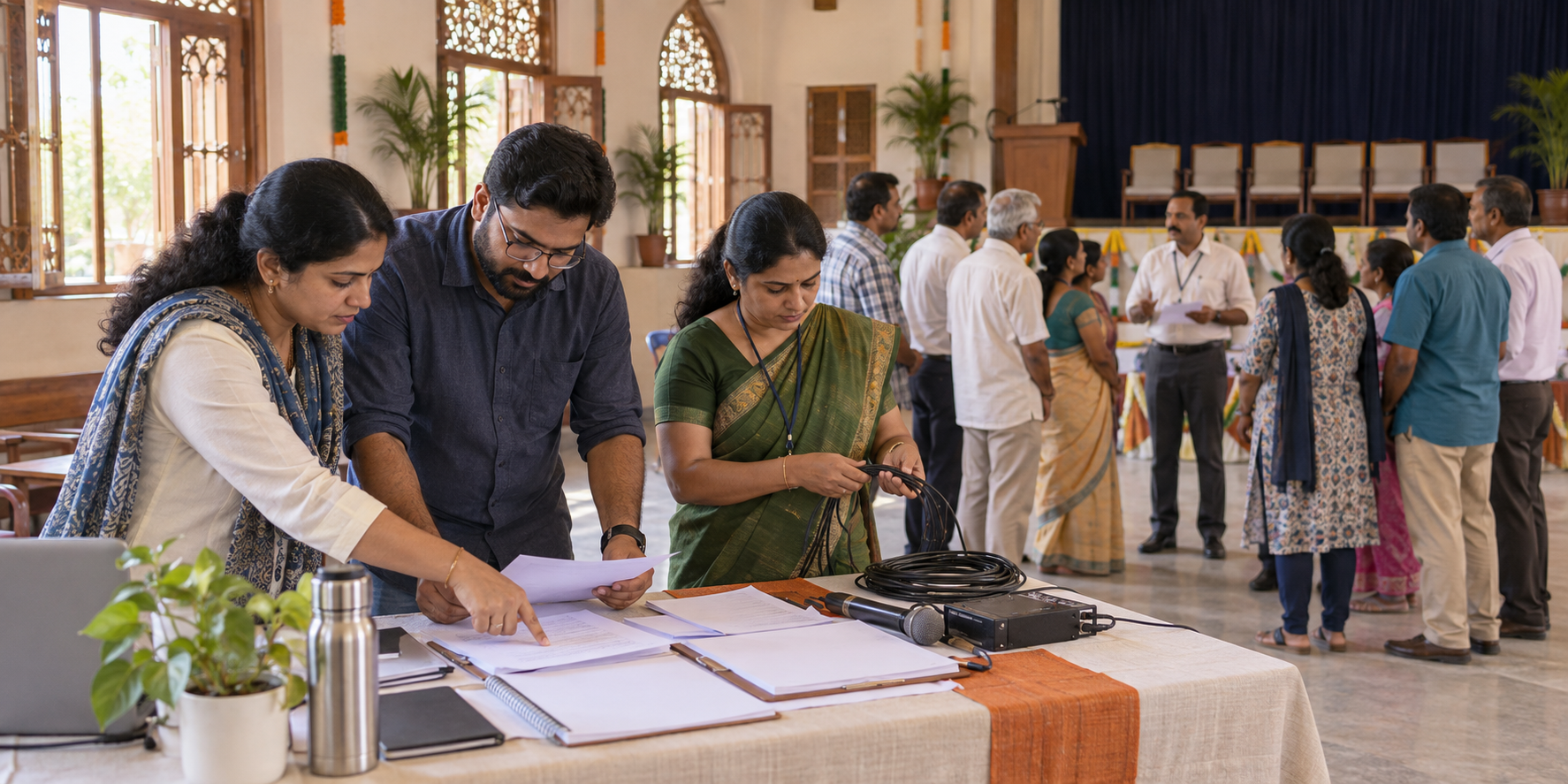 Community organizers review blank documents and prepare a microphone while citizens speak calmly with a venue official in a Karnataka hall.