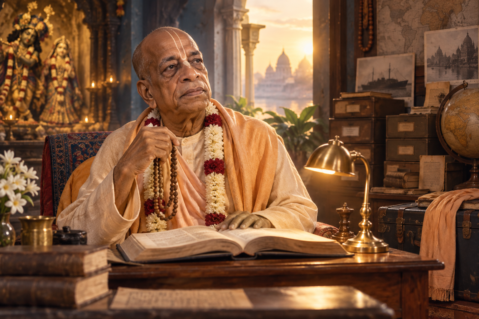 Srila Prabhupada sits at a wooden desk with an open book, prayer beads, and a brass lamp, with a temple interior and archival materials softly visible behind him.