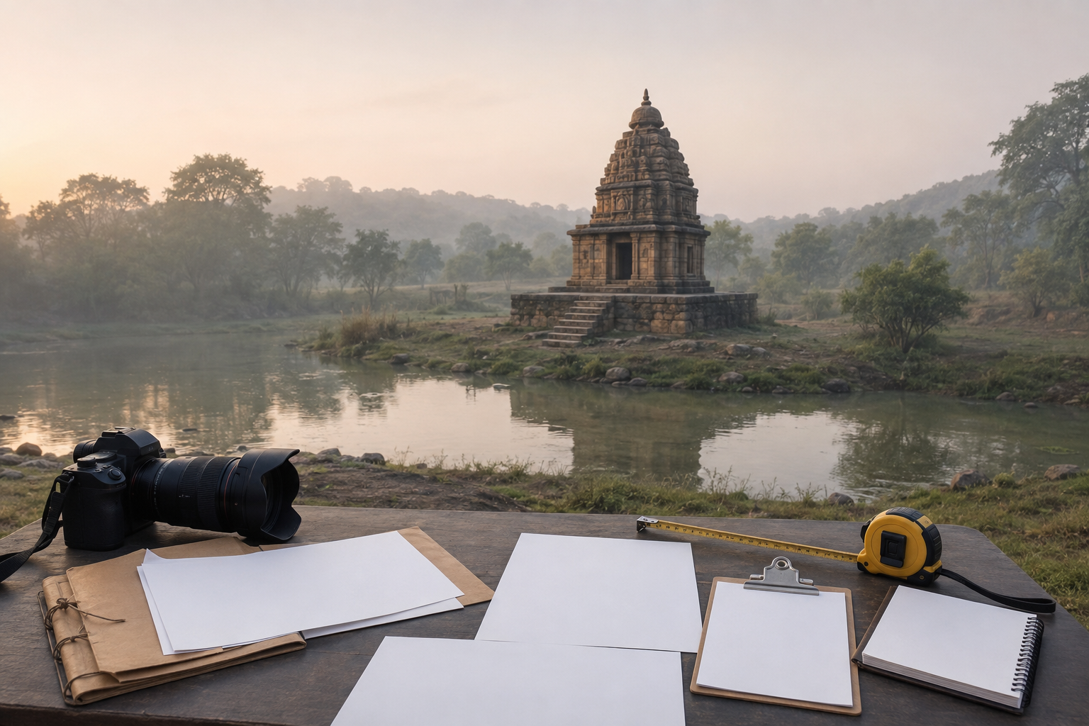 Editorial illustration of a fictional stone Shiva shrine beside a misty pond, with a camera, measuring tape, folder and blank record sheets on a table in the foreground.