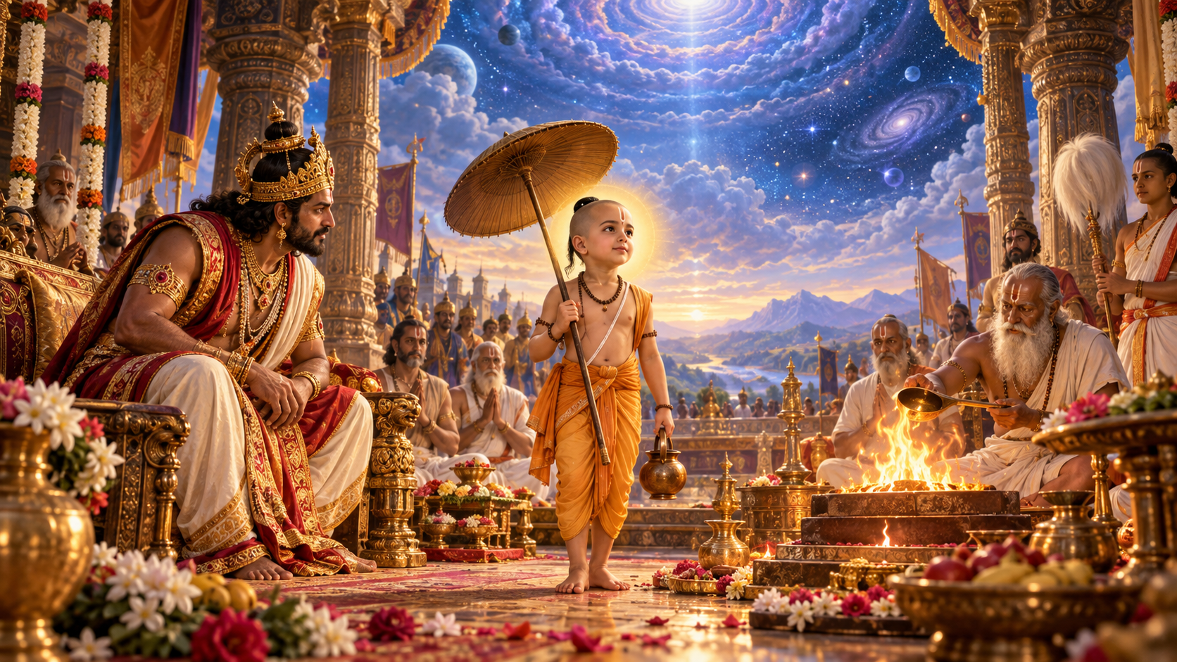 Vamana Deva stands as a small brahmachari with a parasol before Bali Maharaja at a Vedic sacrifice, with a luminous cosmic sky behind him.