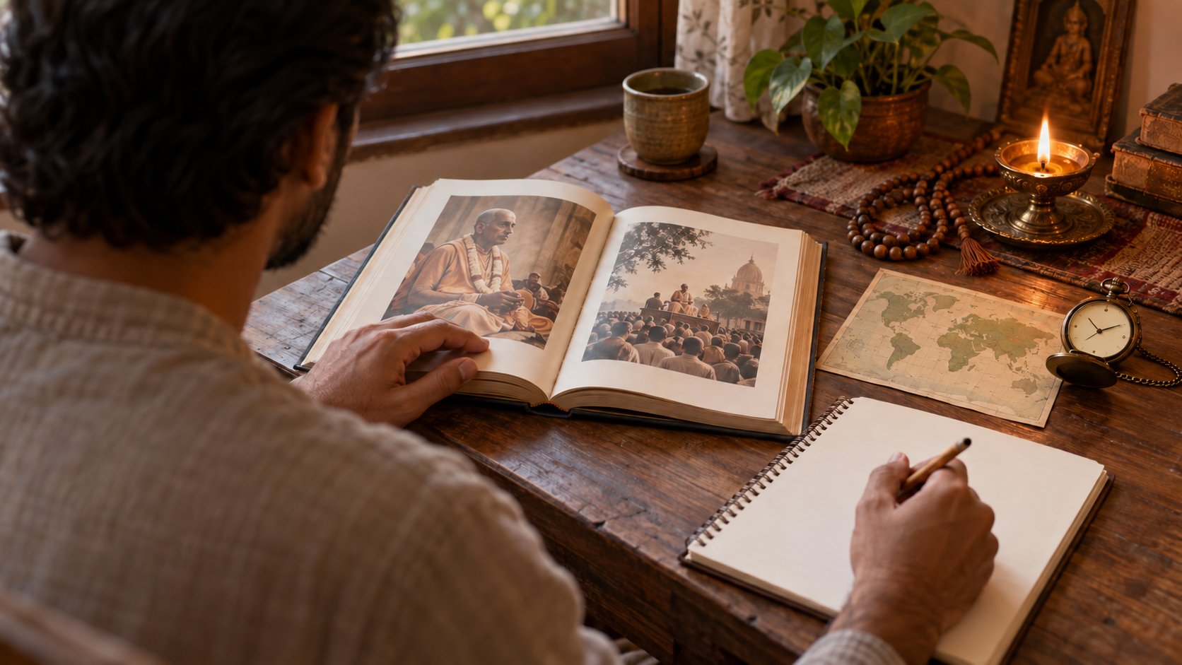 A reader studies an open book beside an unlabeled map, a pocket watch, prayer beads, an oil lamp, and a blank notebook.