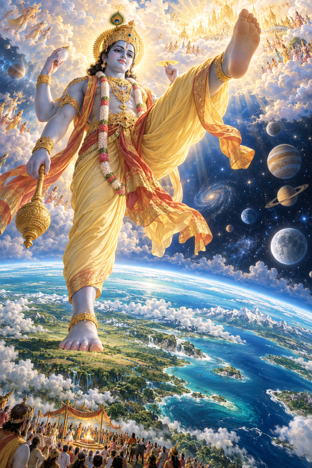 Trivikrama's immense form spans the earthly and celestial realms as the people at Bali Maharaja's sacrifice look on from below.