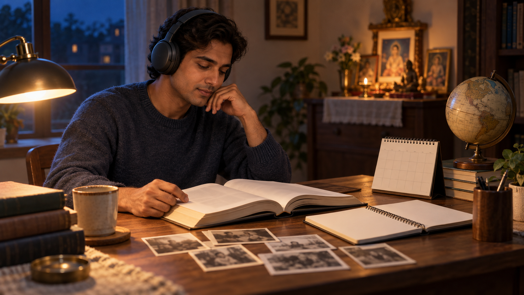 A devotee wearing headphones sits at a desk with an open biography, globe, calendar, archival photographs, and blank notebook while a small altar appears in the background.