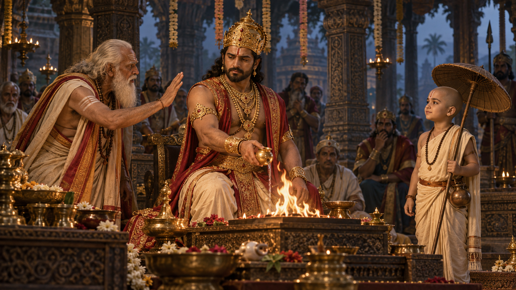 Bali Maharaja holds offering water while his spiritual preceptor warns him and Vamana Deva waits quietly across the sacrificial altar.