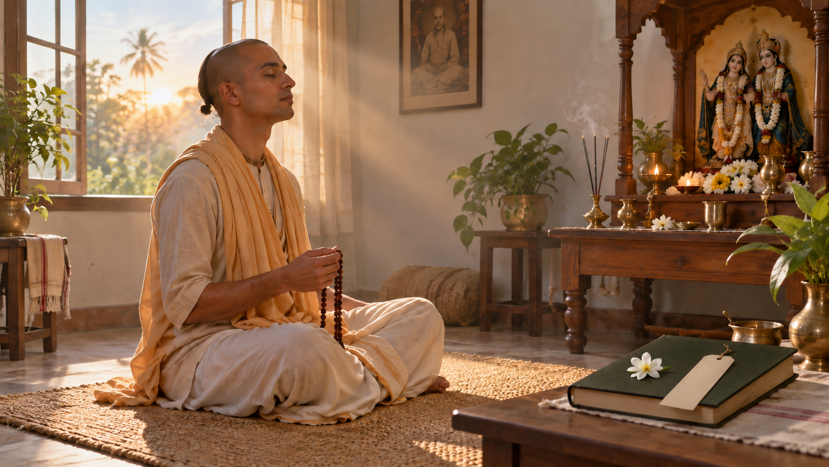 At dawn, a devotee chants with prayer beads before a small altar while a closed book and flower rest nearby in the sunlight.