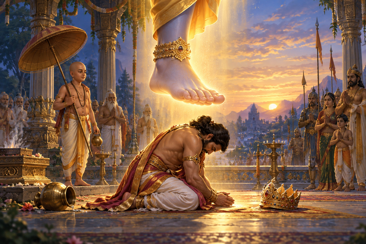 Bali Maharaja kneels with his crown set aside as a radiant divine foot descends toward his bowed head for the third step.