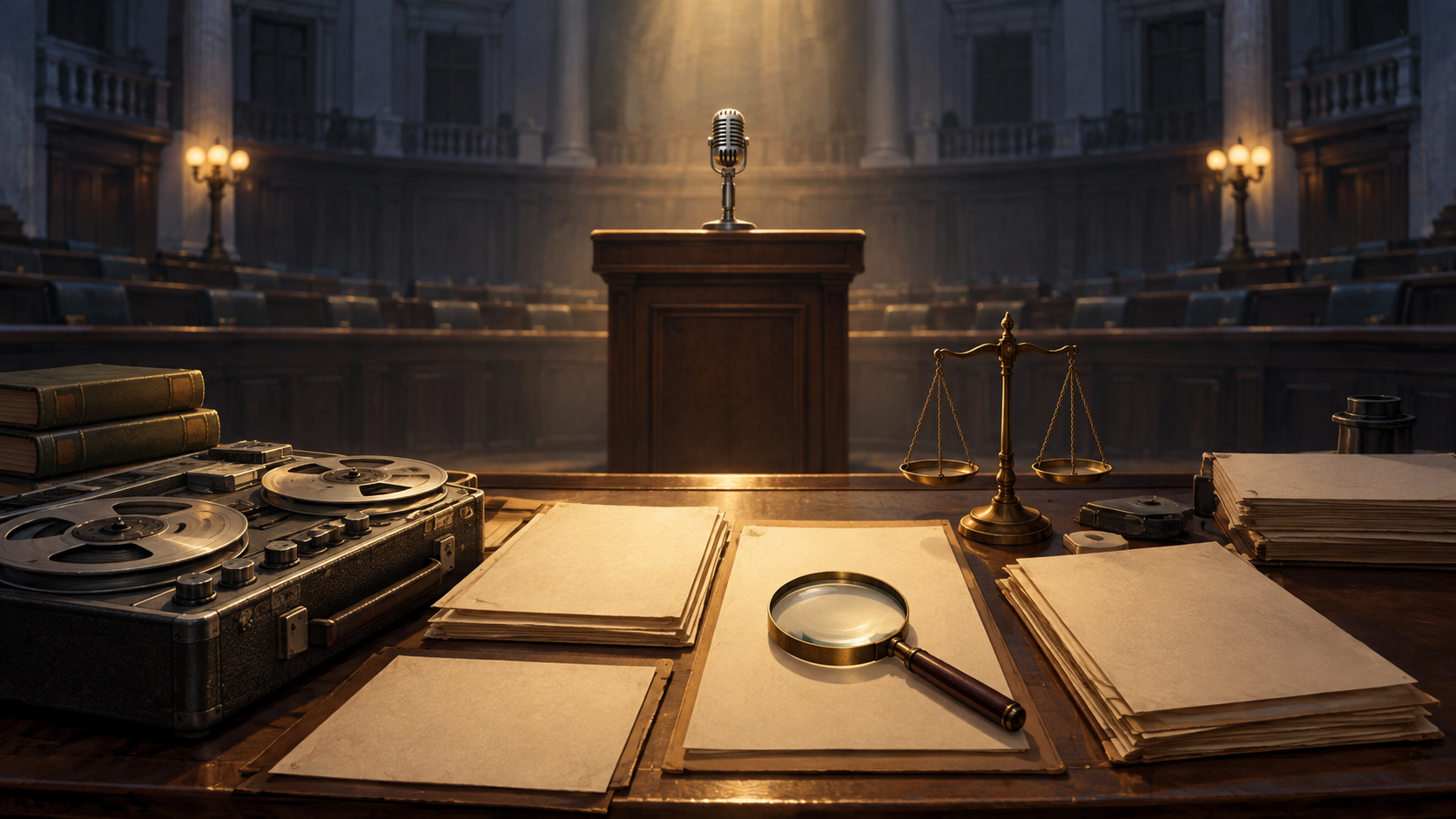 An empty lectern, vintage microphone, audio recorder, archival papers, magnifying glass, and balanced scale in a dim parliamentary setting.