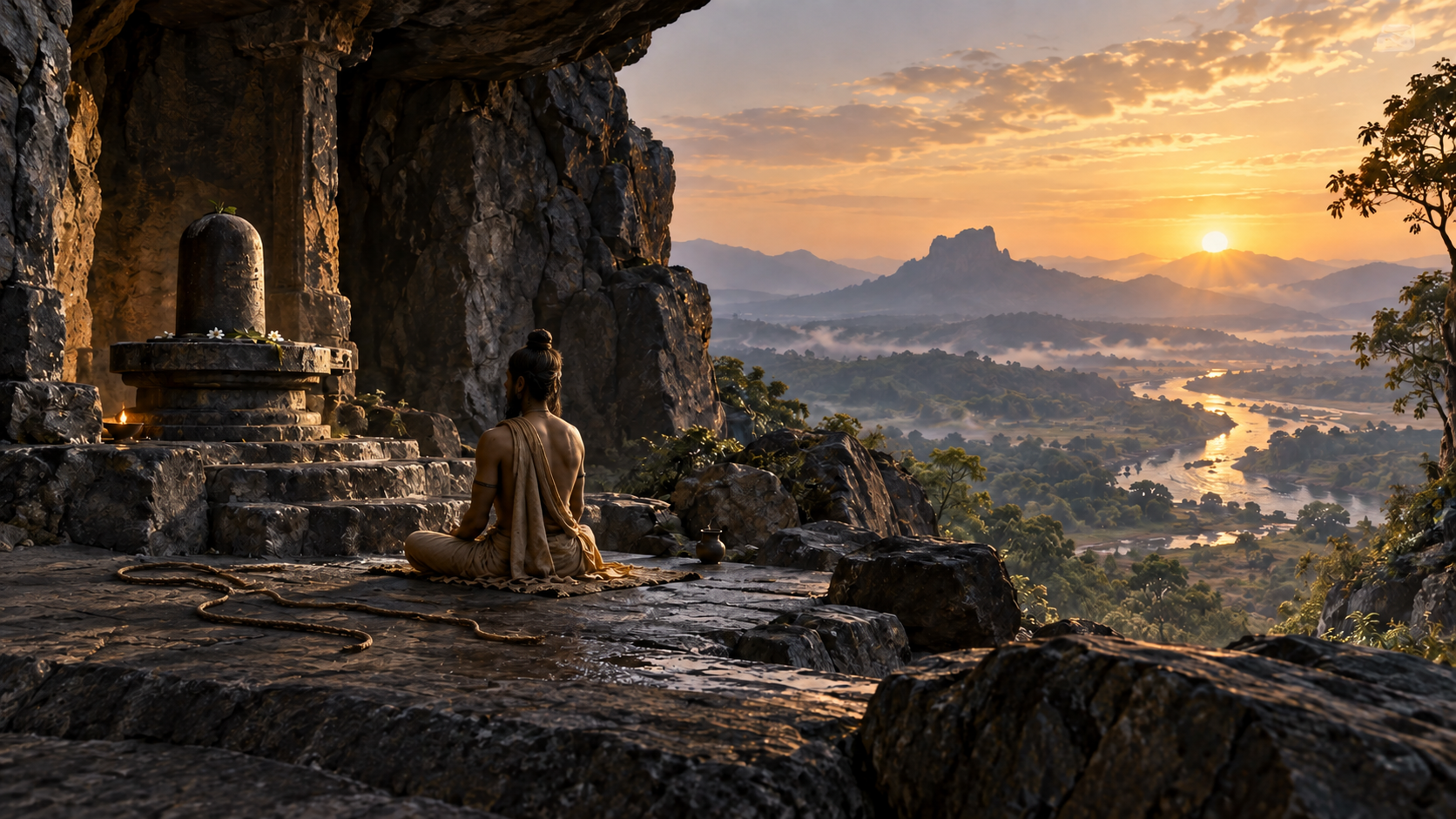 A Shaivite aspirant meditates before a stone Shiva linga as loose cords lie behind him and dawn illuminates the open landscape.