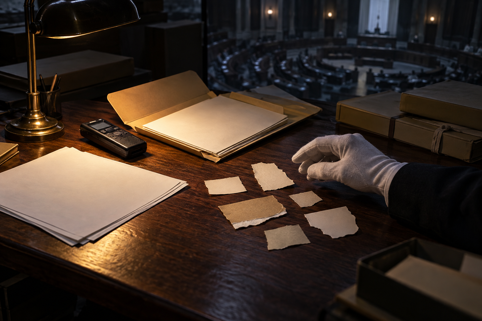 A research table holds an audio recorder, blank transcript sheets, paper fragments, and unopened archival folders under a focused lamp.