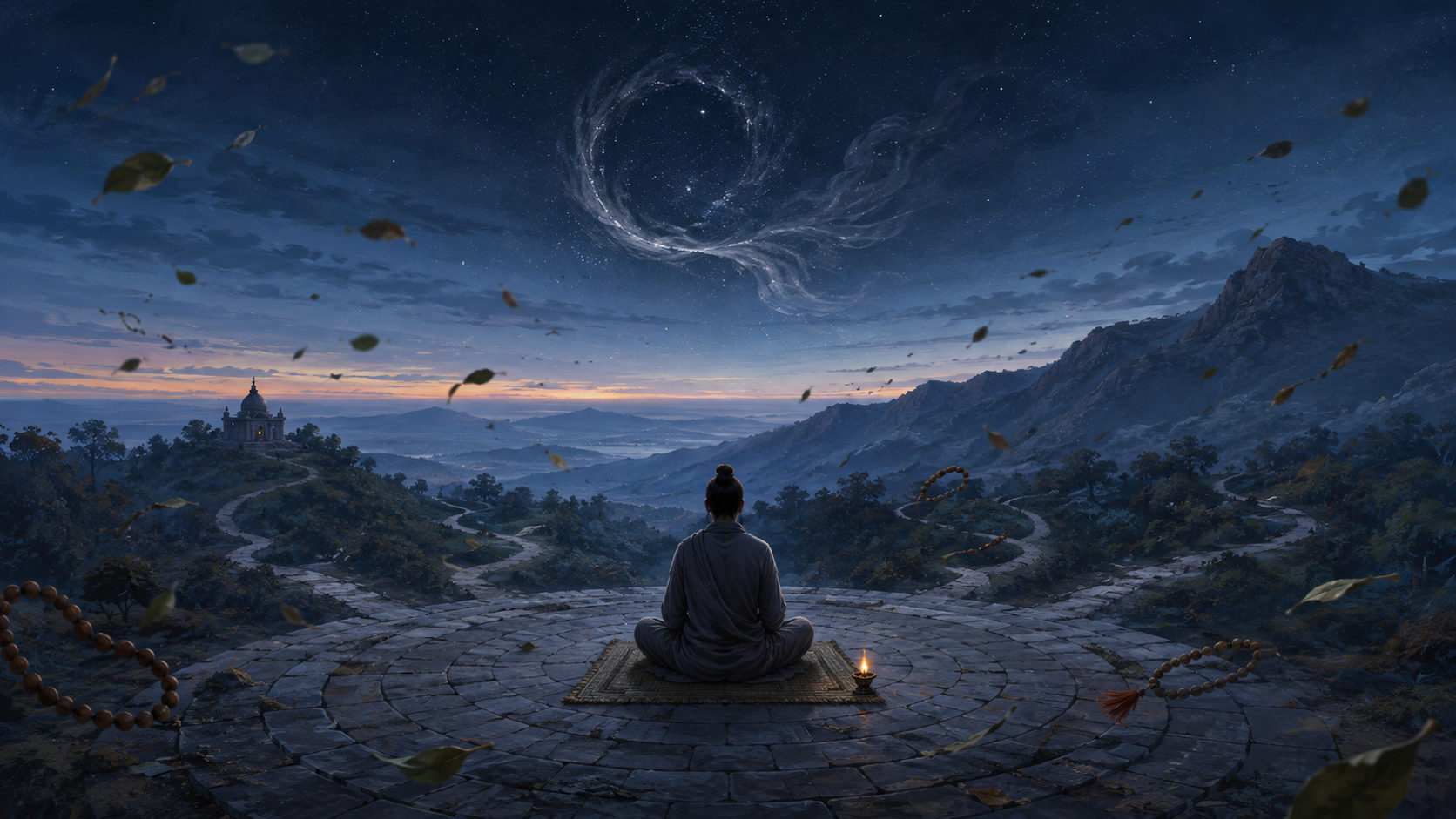 A seeker sits at the center of a circular stone terrace while several paths spiral into a twilight hill landscape beneath a smoky, taillike celestial form.