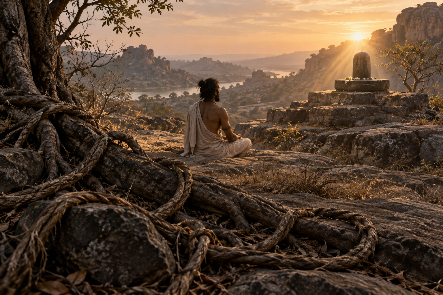 Knotted cords lie in the foreground, an aspirant sits beyond them, and a Shiva linga stands illuminated on a raised stone platform.