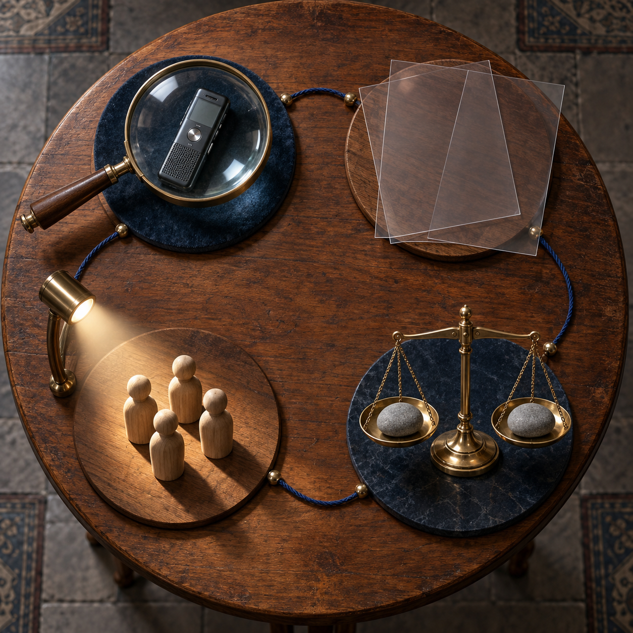 Four evidence stations on a round table contain a recorder and magnifier, transparent sheets, wooden figures, and an evenly weighted balance.