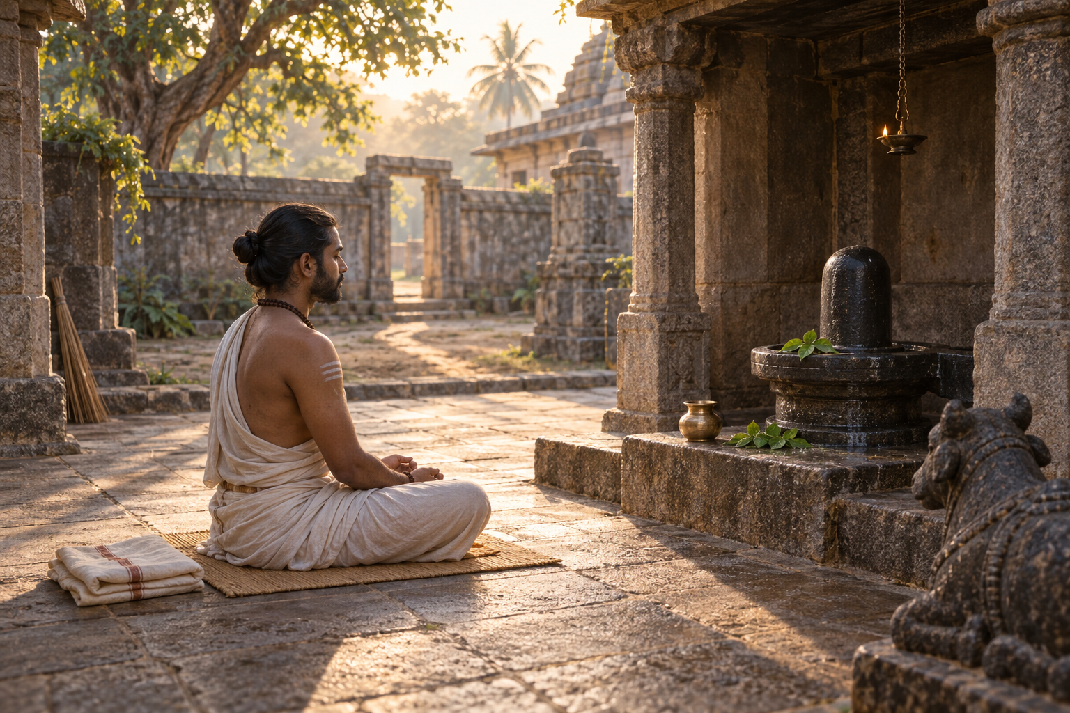 A Shaivite aspirant meditates in a swept stone courtyard beside a water vessel, bilva leaves, and a simple Shiva linga.