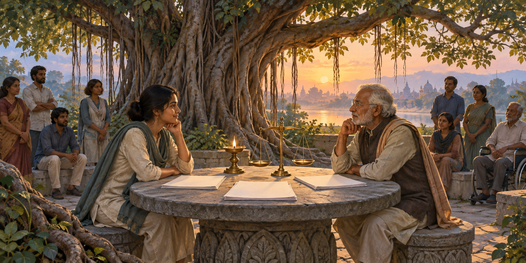 Two anonymous citizens discuss source papers at a stone table beneath a banyan tree, with a lamp, balanced scale, and listeners nearby.