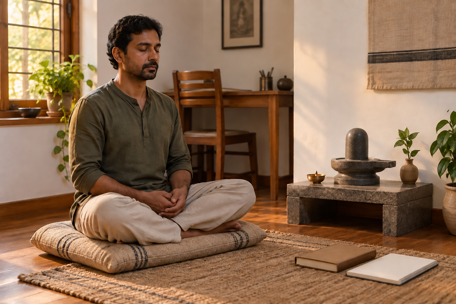 A person in everyday clothing meditates beside a small stone Shiva shrine while a closed book and notebook rest nearby.
