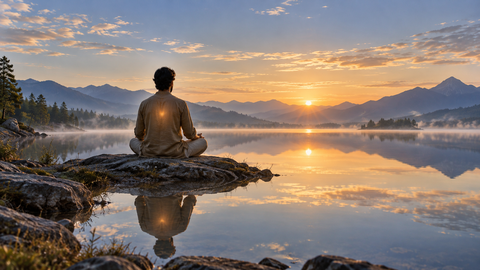 A person meditates beside a still lake at dawn while mist and faint ripples recede around a clear reflection.