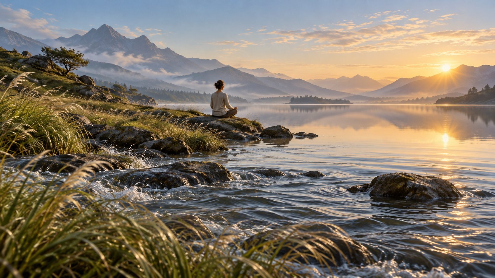 A continuous landscape moves from wind and rippled water in the foreground to calm water around a distant meditating figure.