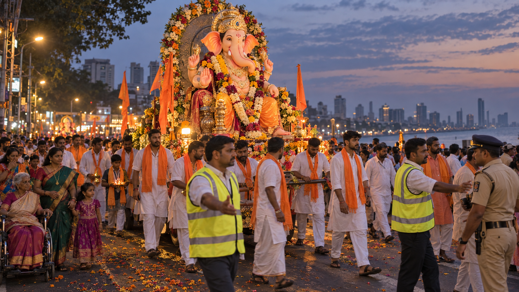 A Ganesh Visarjan procession moves calmly through a city street as volunteer stewards guide devotees and an organiser coordinates with police.