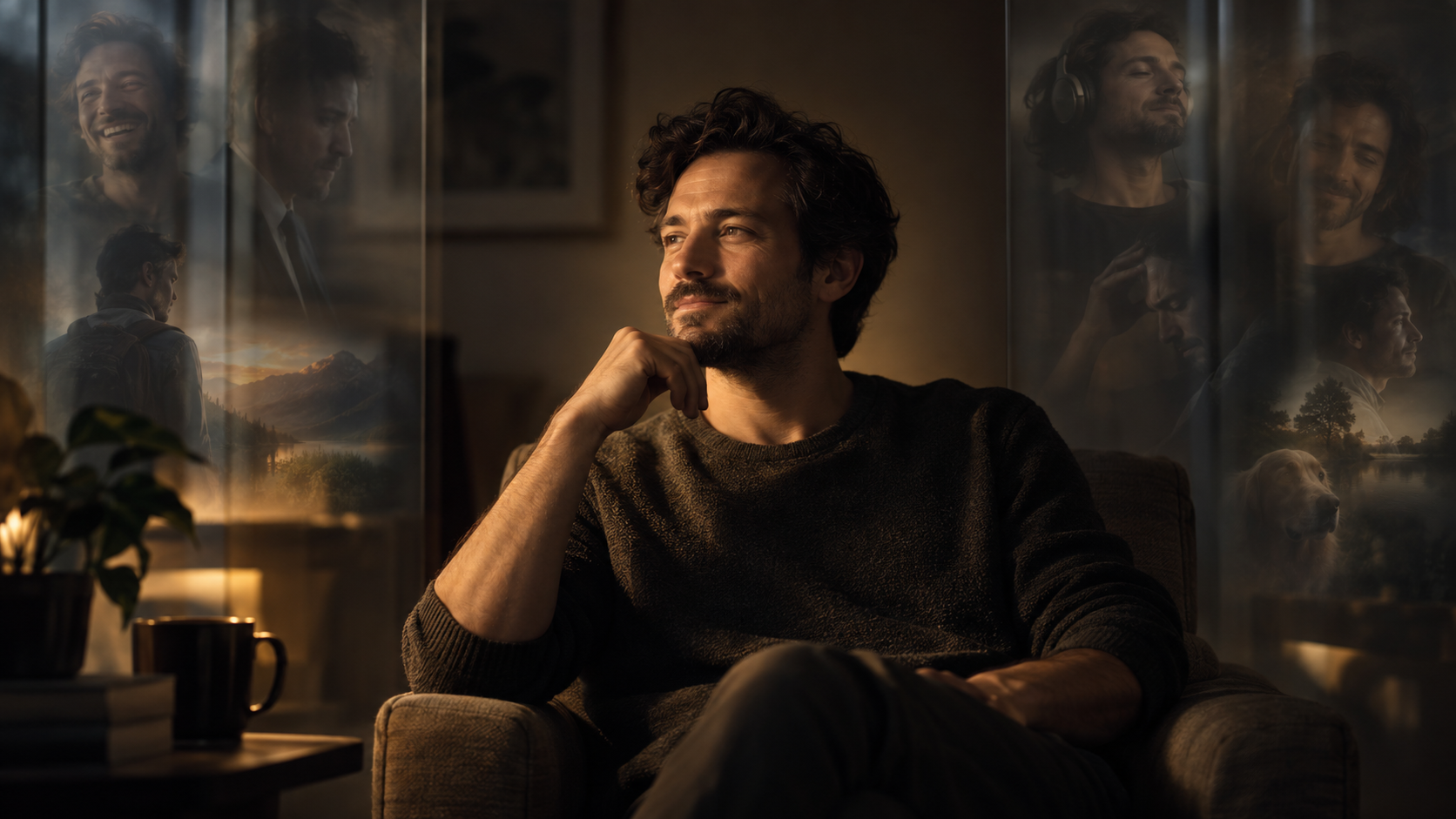 A seated person remains clearly lit while faint reflections of changing expressions and memories fade around the edges of a quiet room.
