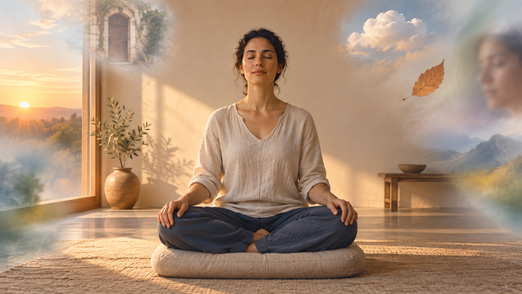 A person meditates on a cushion as faint images of memories and passing thoughts drift outward into morning light.