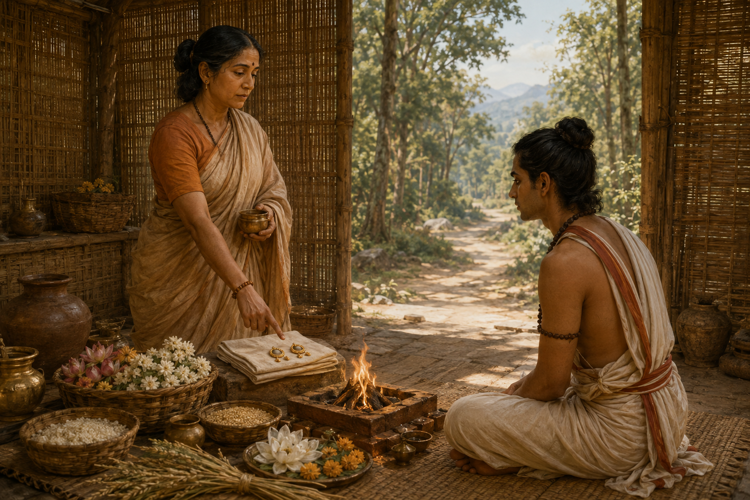 Utanka listens to his guru's wife beside ritual vessels as she indicates a pair of earrings resting on folded cloth.