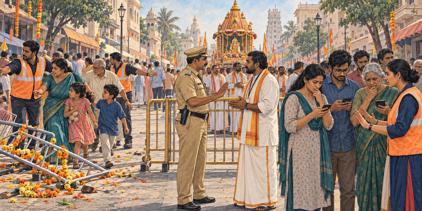 Three illustrated scenes show a safety incident, a police restriction at a barricade, and worried devotees reacting to an unverified phone message.